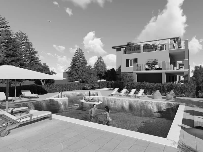 piscina e villa con realtà virtuale immersiva foto in bianco e nero