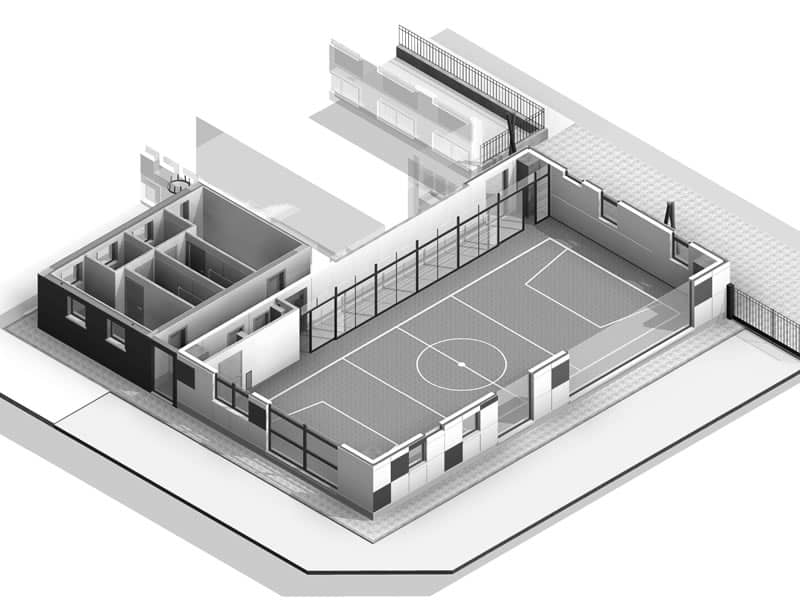 progettazione BIM edificio e area basket, foto in bianco e nero